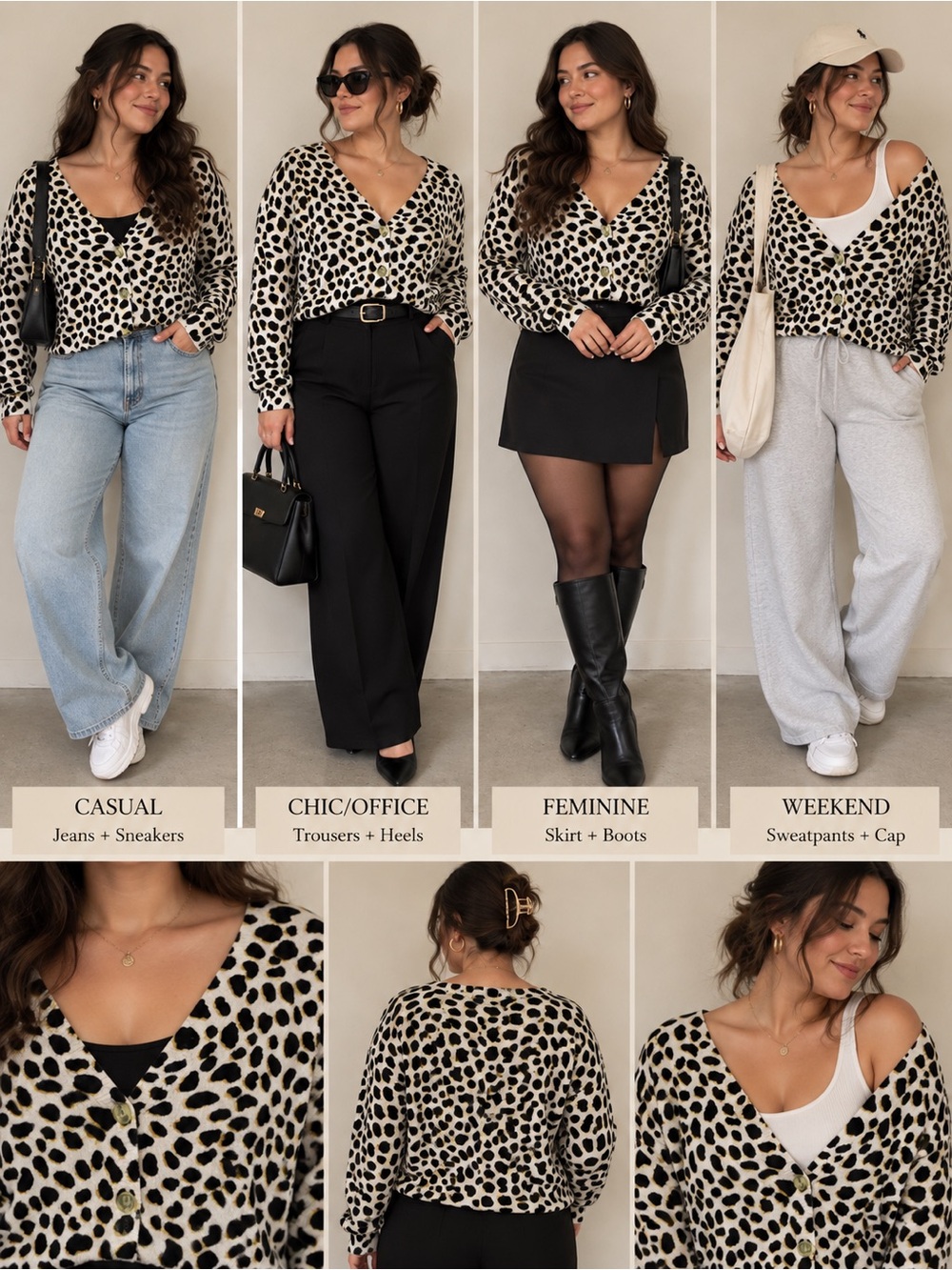 525 Leopard Print Button Down Cardigan - Cream & Black